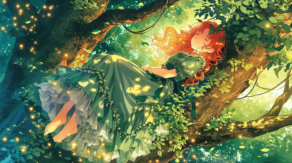 輝く森で眠る赤髪の少女