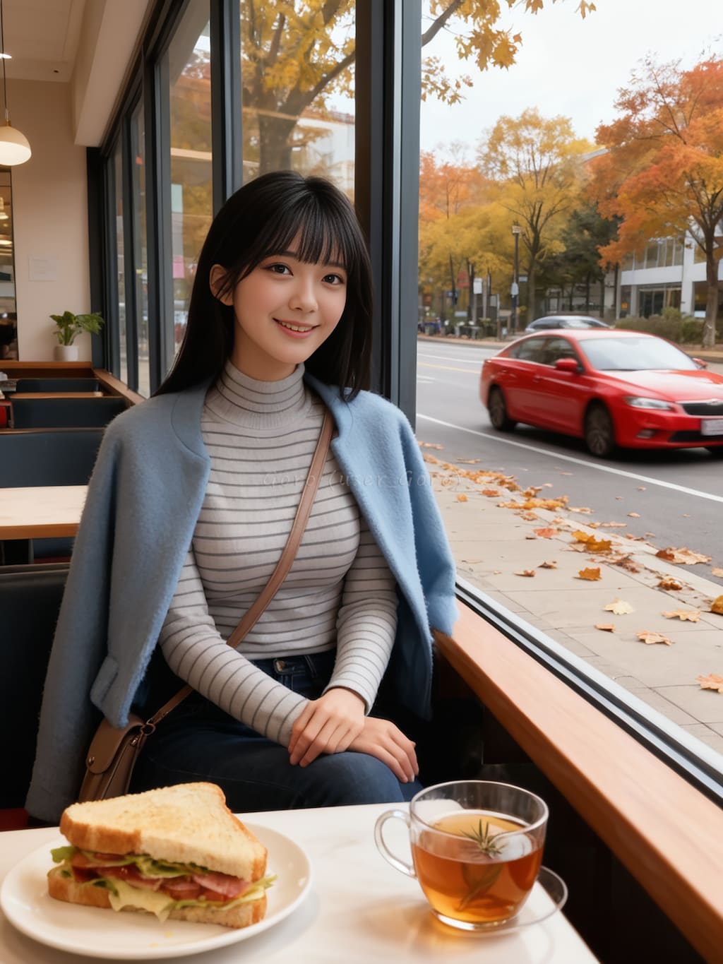 斜め掛けの同僚とランチタイム