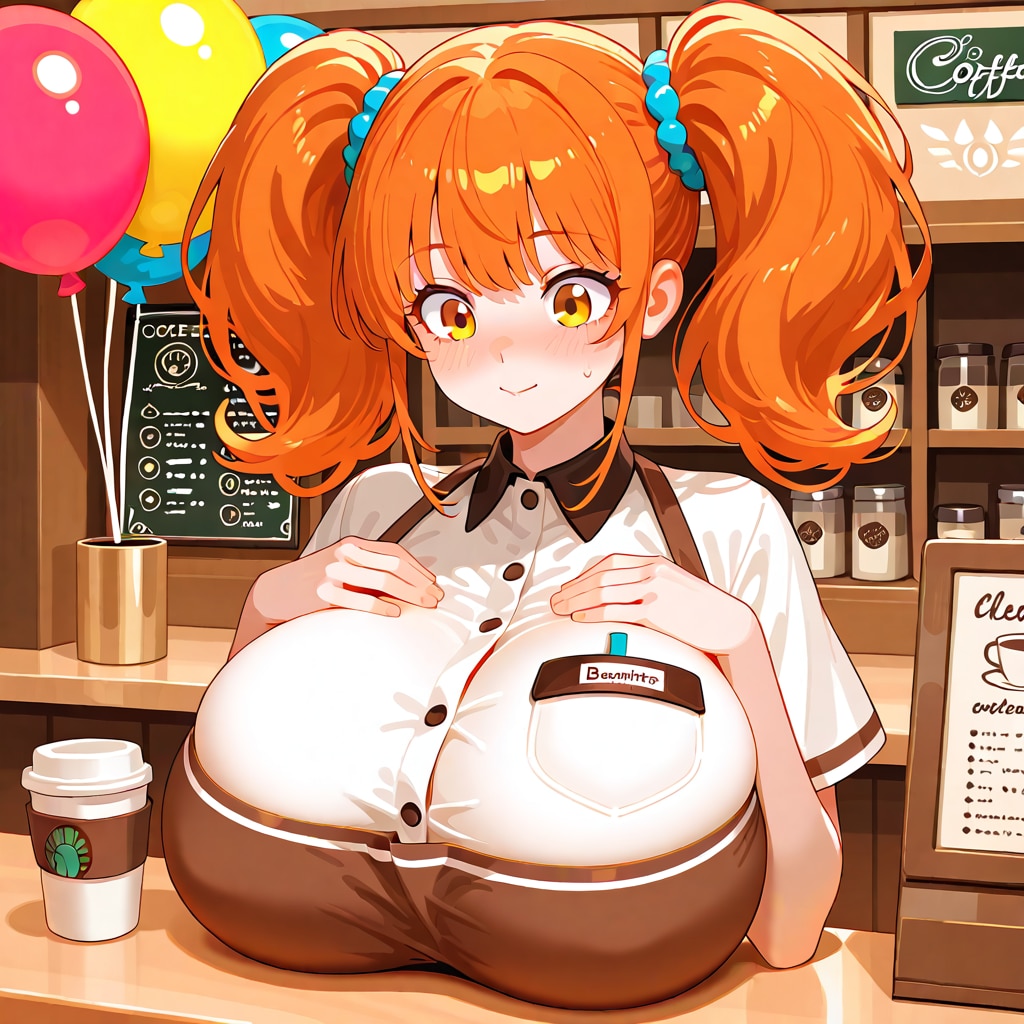 いっぱい色とりどりの風船を持つオレンジ髪ツインテールの喫茶店の美女店員さん