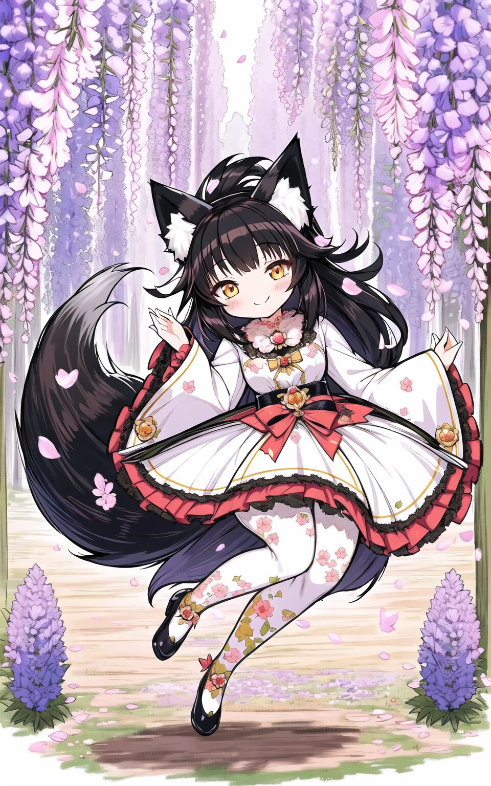 今日の黒狐の音々さん〜満開の藤にはしゃぐ音々さん