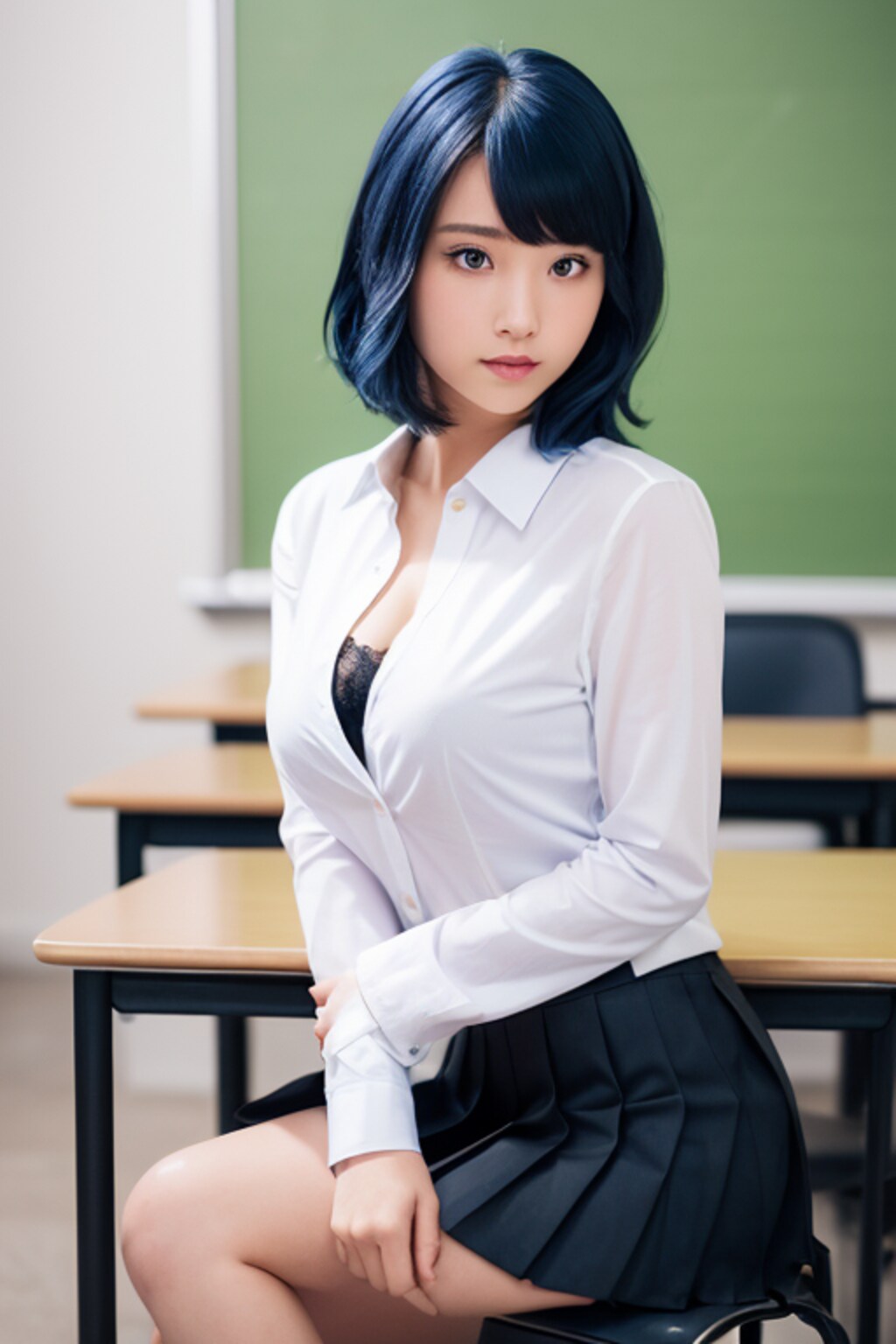 グラビアらしさ全開 青髪ワイシャツ・巨乳