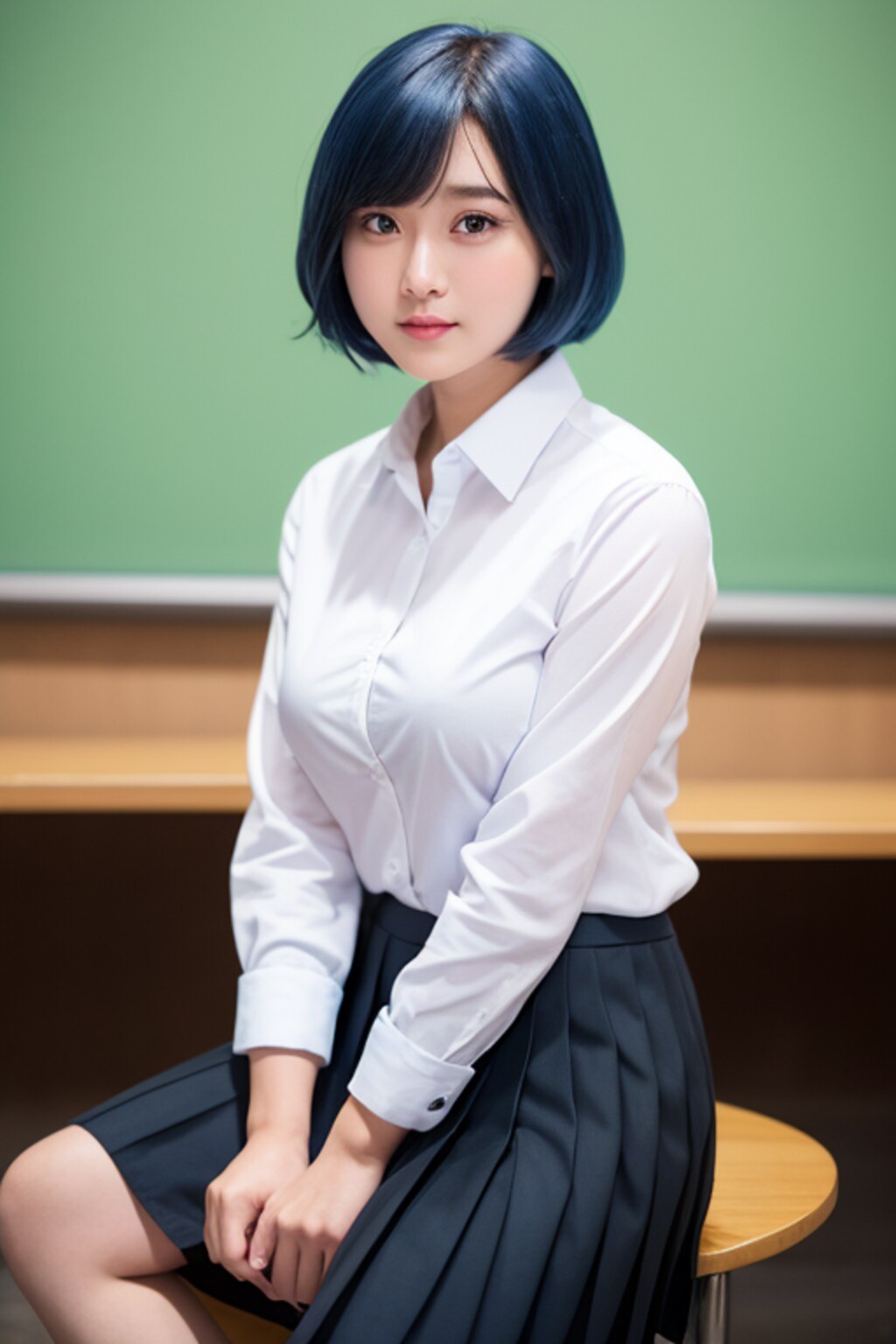 グラビアらしさ全開 青髪ワイシャツ・巨乳