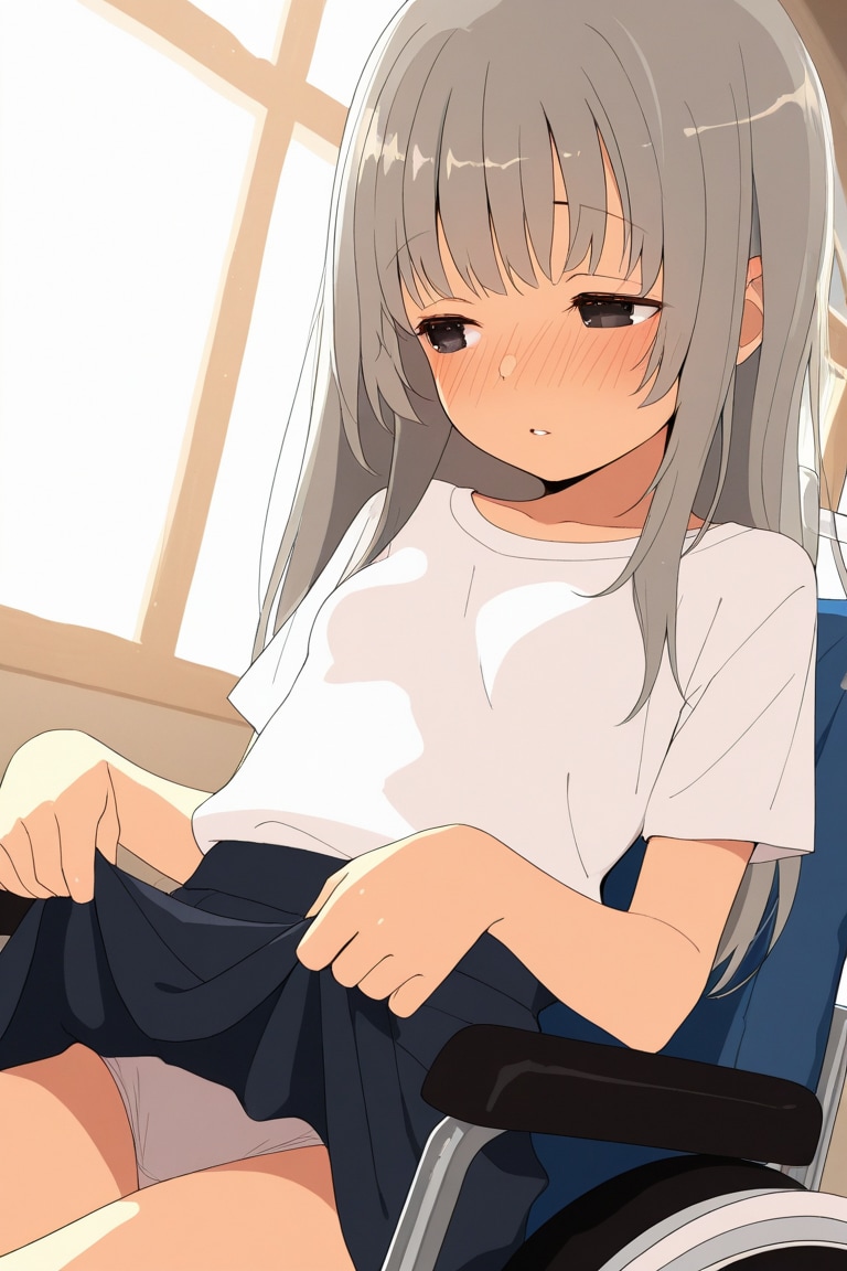 スカートを自分でたくし上げる車いすちゃん