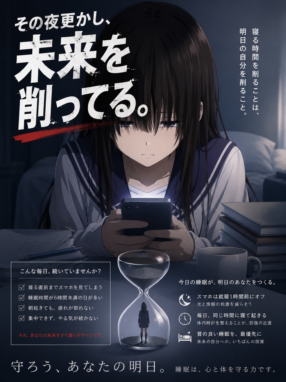 啓発ポスター「その夜更かし、未来を削ってる。」