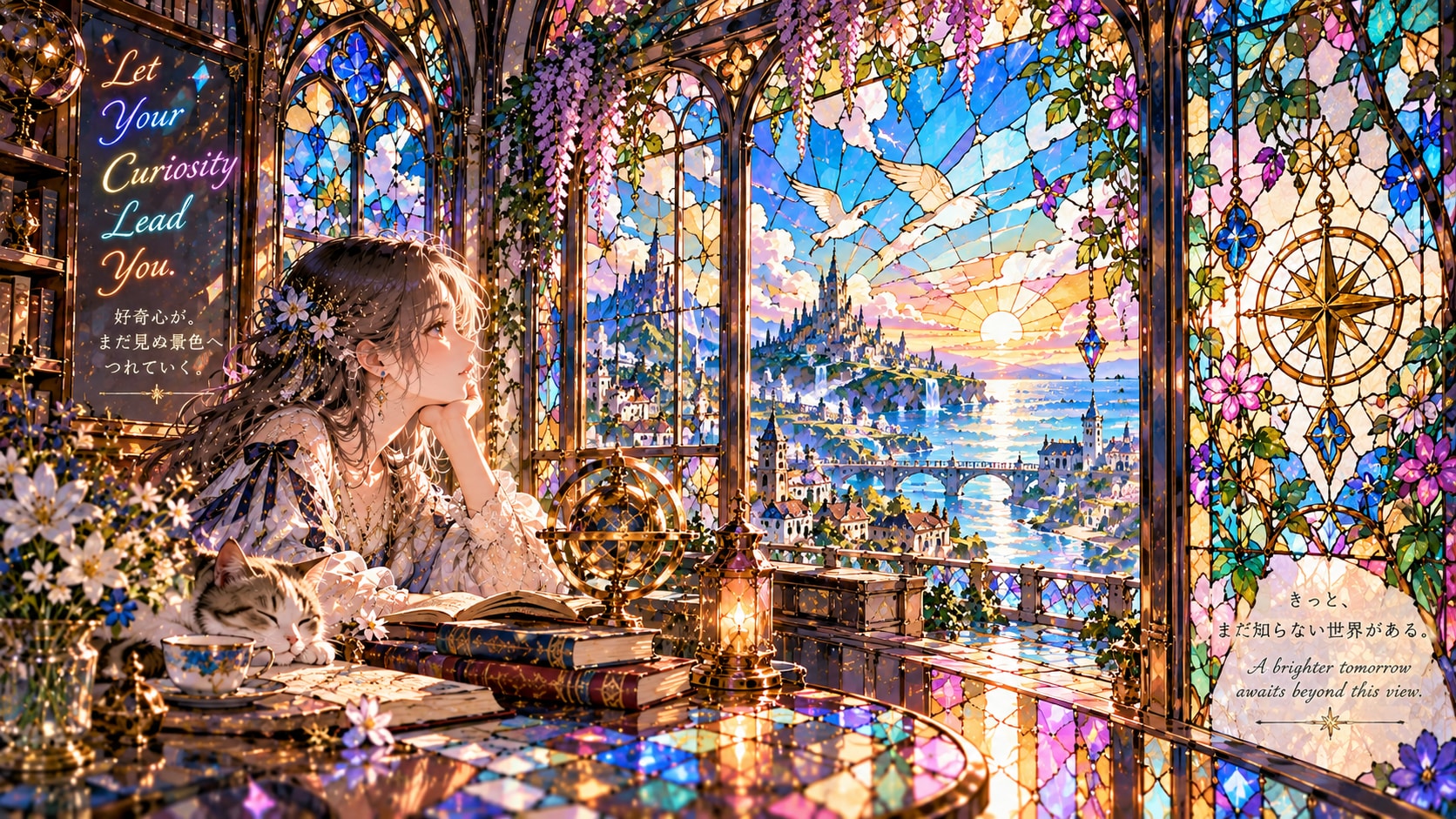 Daydreaming through stained glass, a sleeping cat, and a world still unexplored.  Let your curiosity | の人気AIイラスト・グラビア