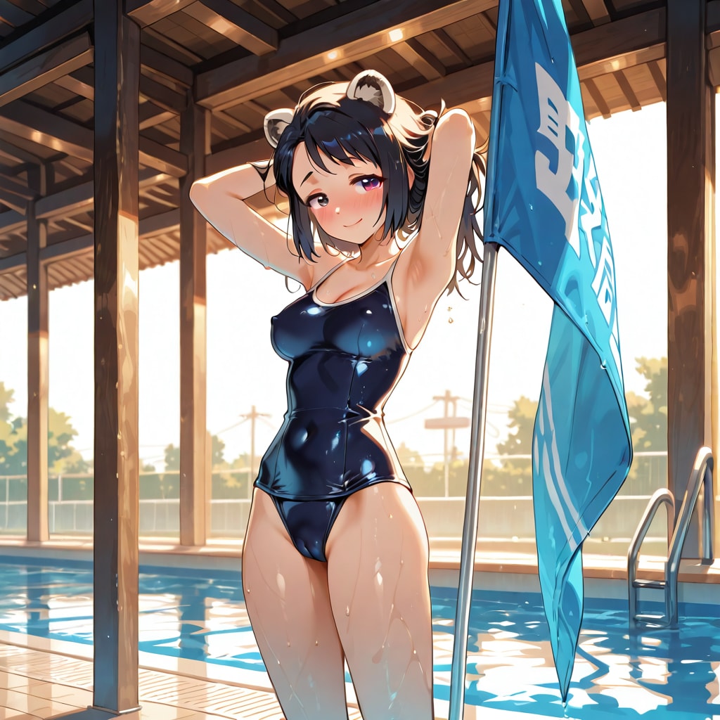 スク水と大きな旗と
