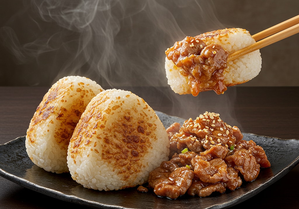 摩訶不思議食堂の焼きおにぎりと焼肉のセット