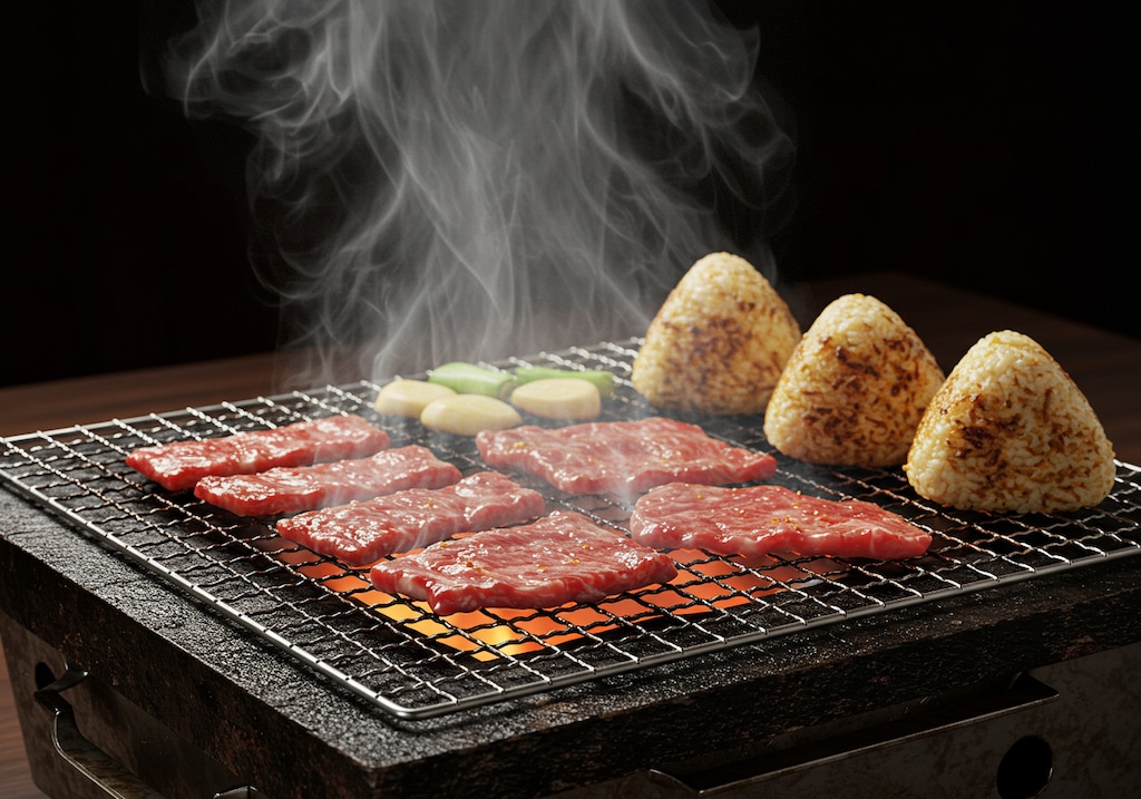 摩訶不思議食堂の焼きおにぎりと焼肉のセット