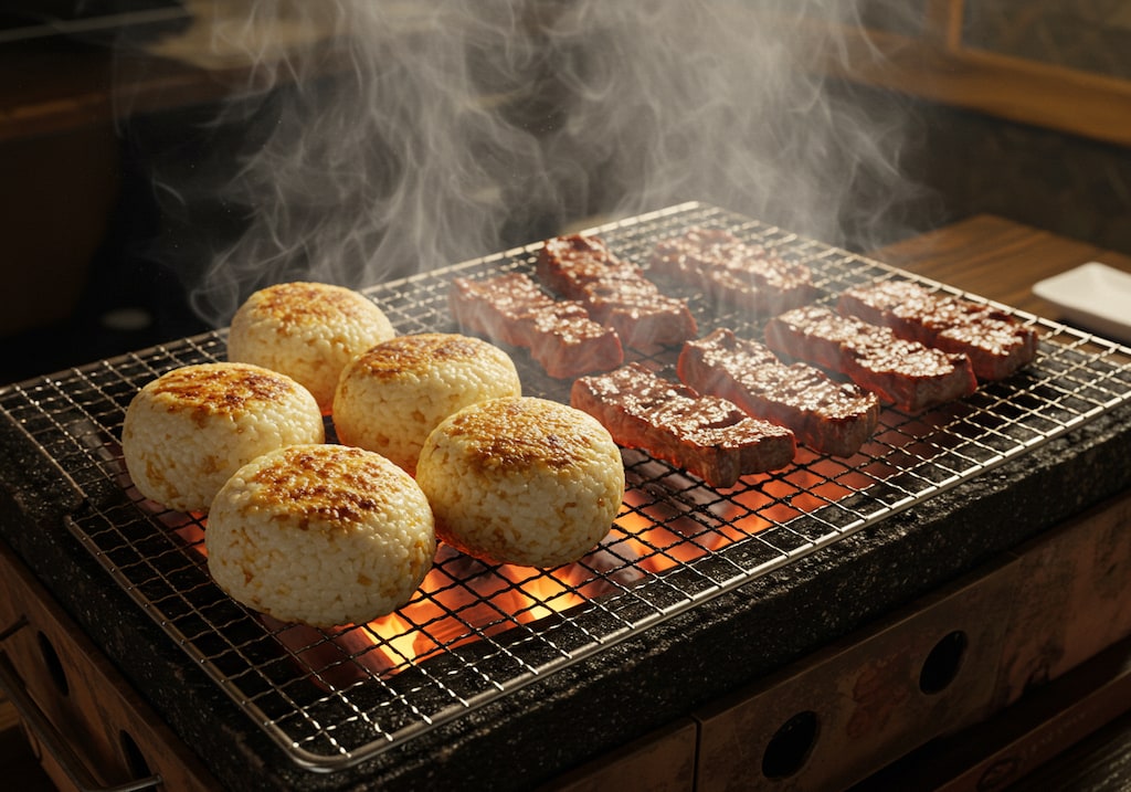 摩訶不思議食堂の焼きおにぎりと焼肉のセット