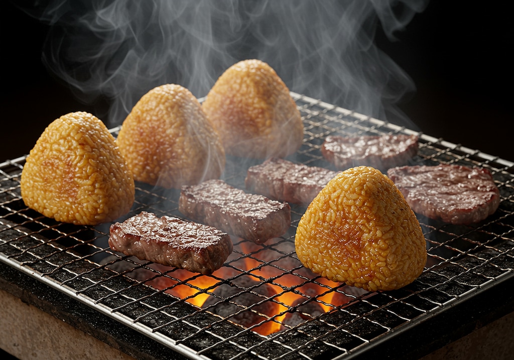 摩訶不思議食堂の焼きおにぎりと焼肉のセット