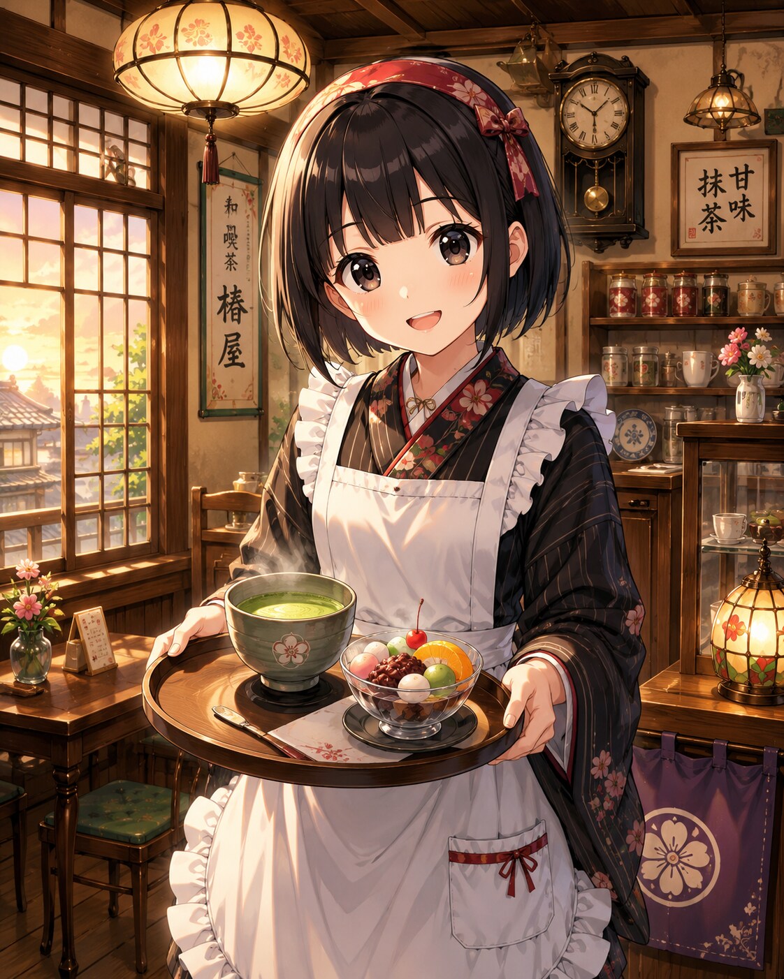 和風喫茶店で給仕をする女の子