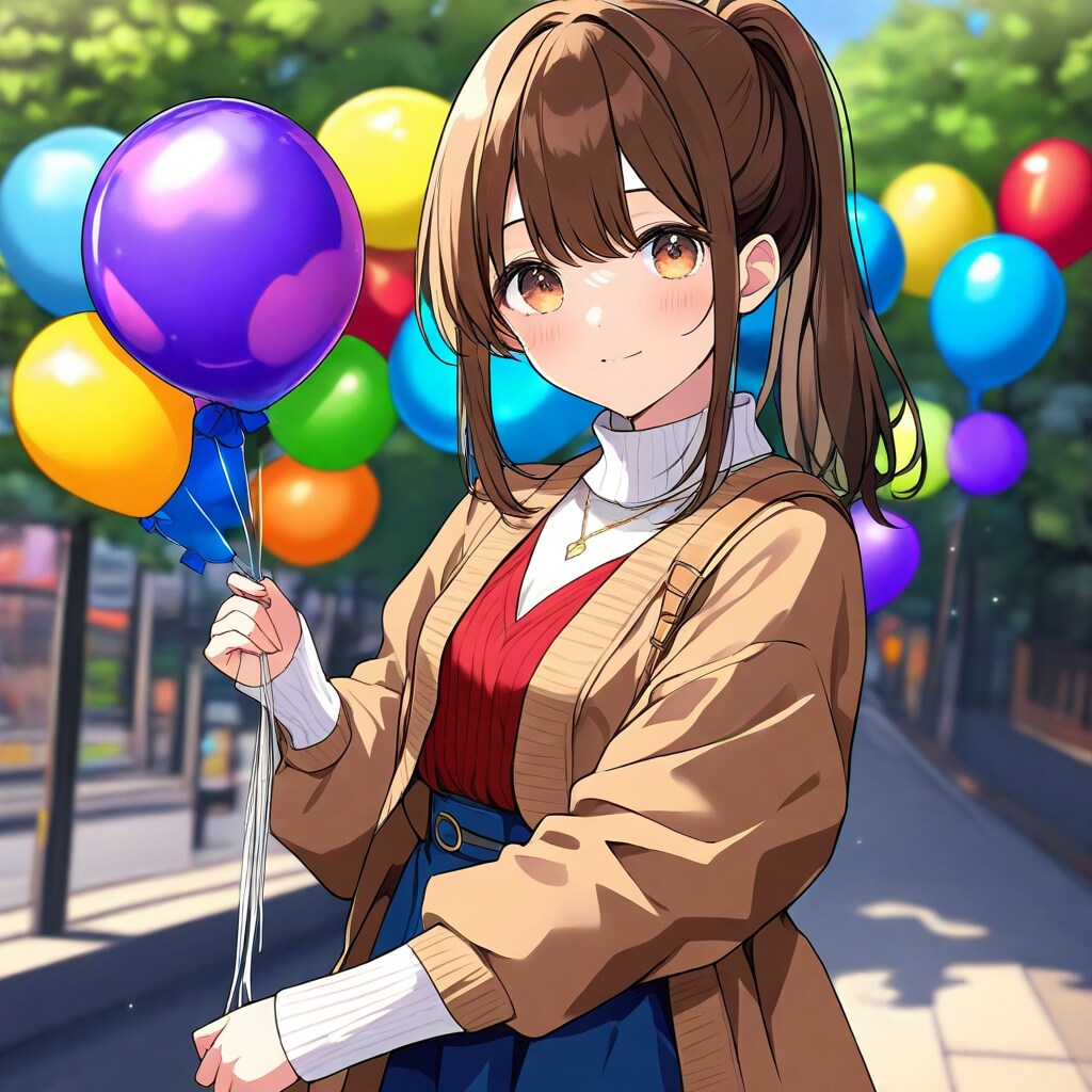 いっぱい風船を持つブラウンポニーテールのニット服の美女。