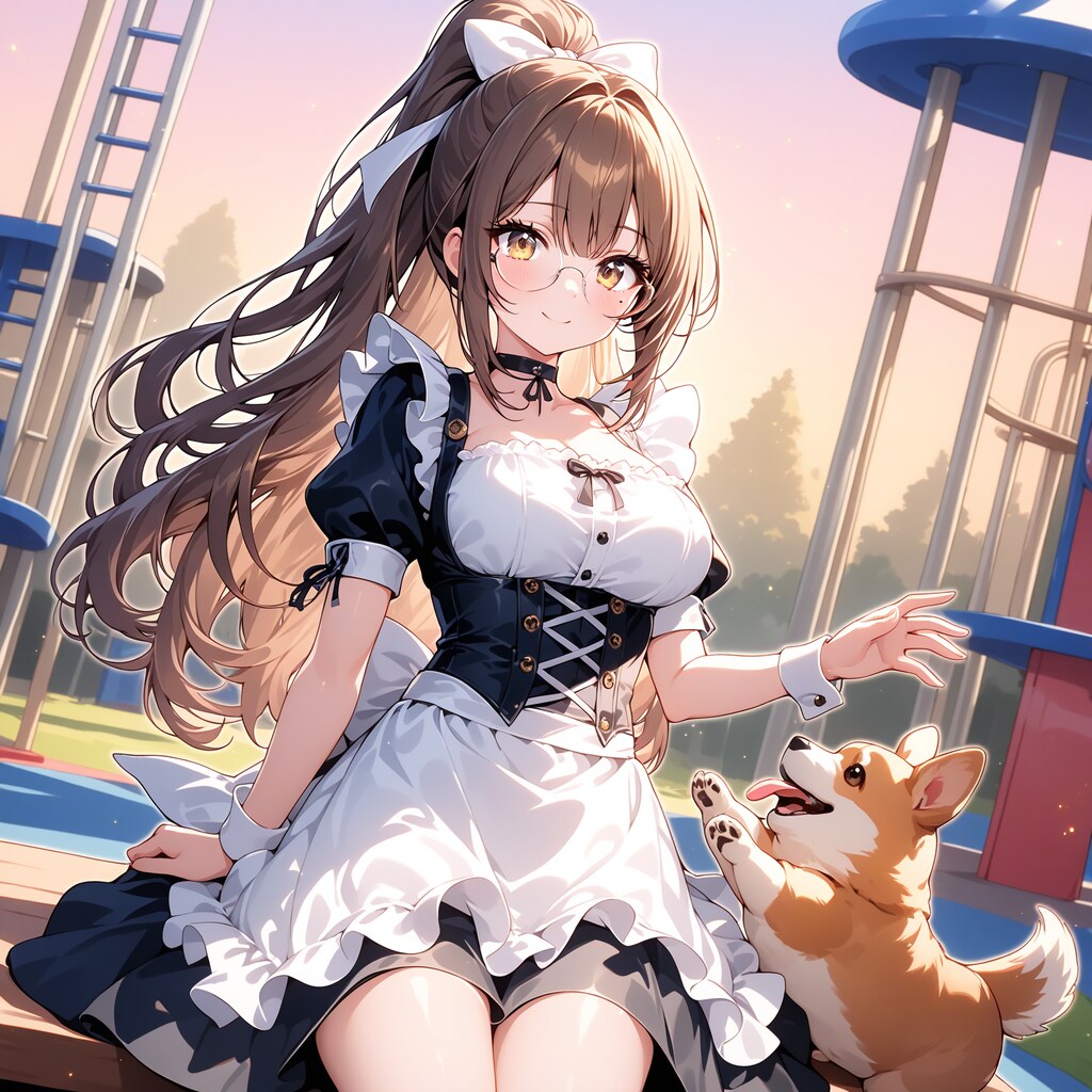 コーギーと戯れるサラさん