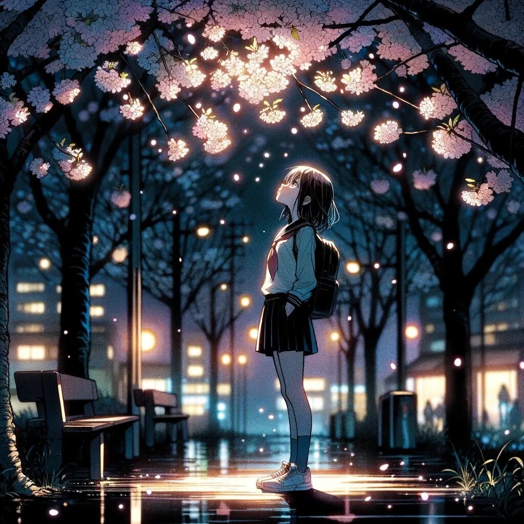 夜桜を見上げる一瞬
