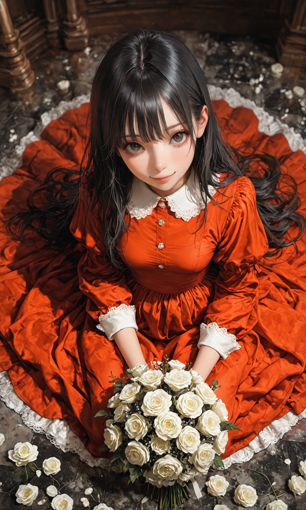 白薔薇を持つ赤いドレスの少女