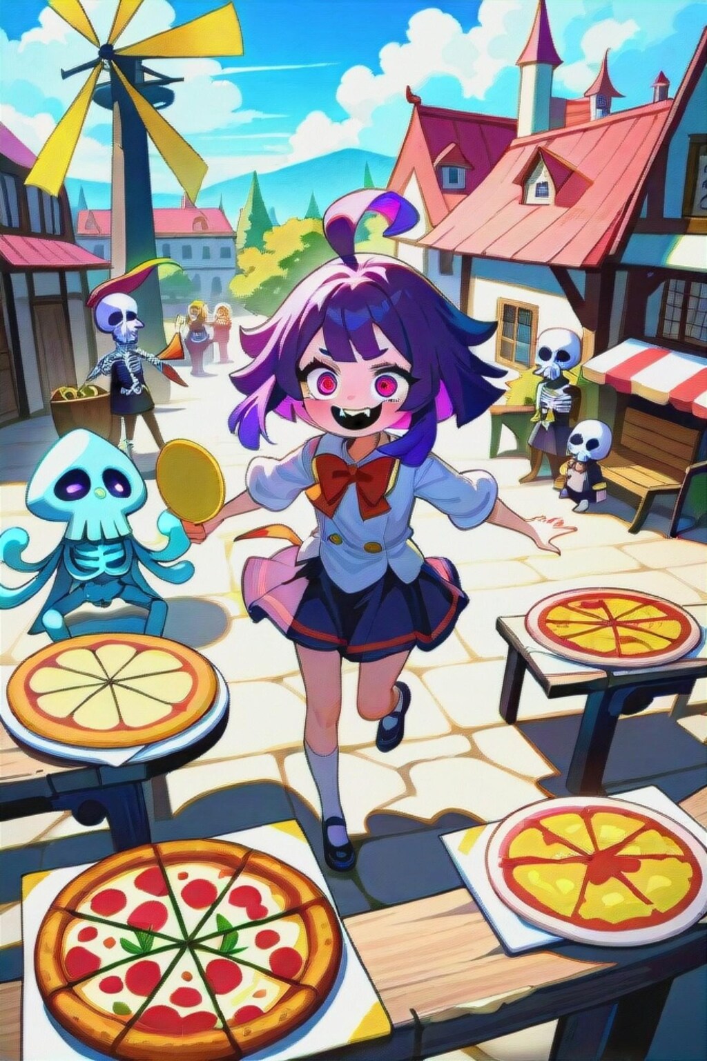 紫髪ちゃんとピザ