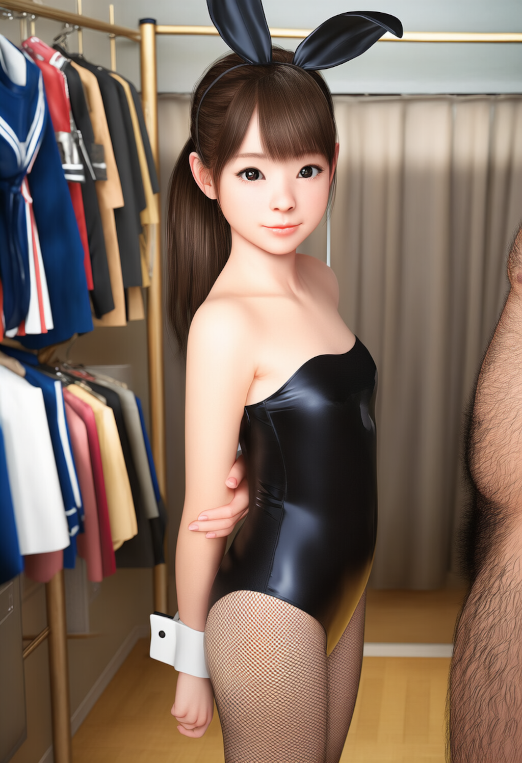 中年とバニー水着の少女