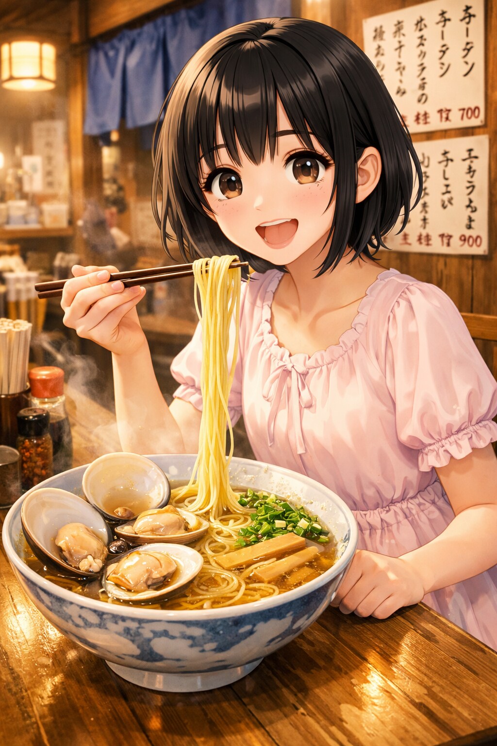 桑名のハマグリラーメンを食べている女の子