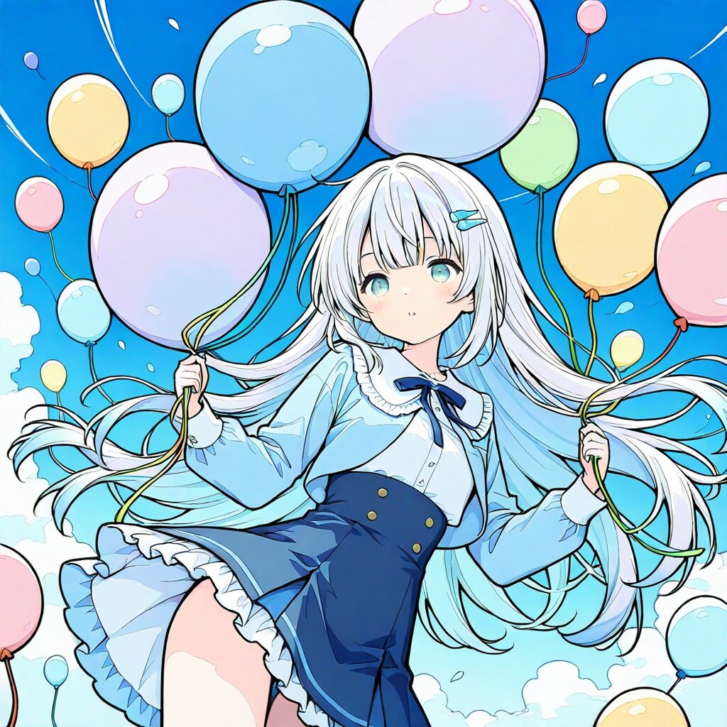 いっぱい風船を持つ白い髪ロングの美女