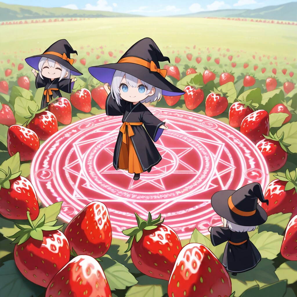 魔法で苺を収穫するミニ魔女さん達