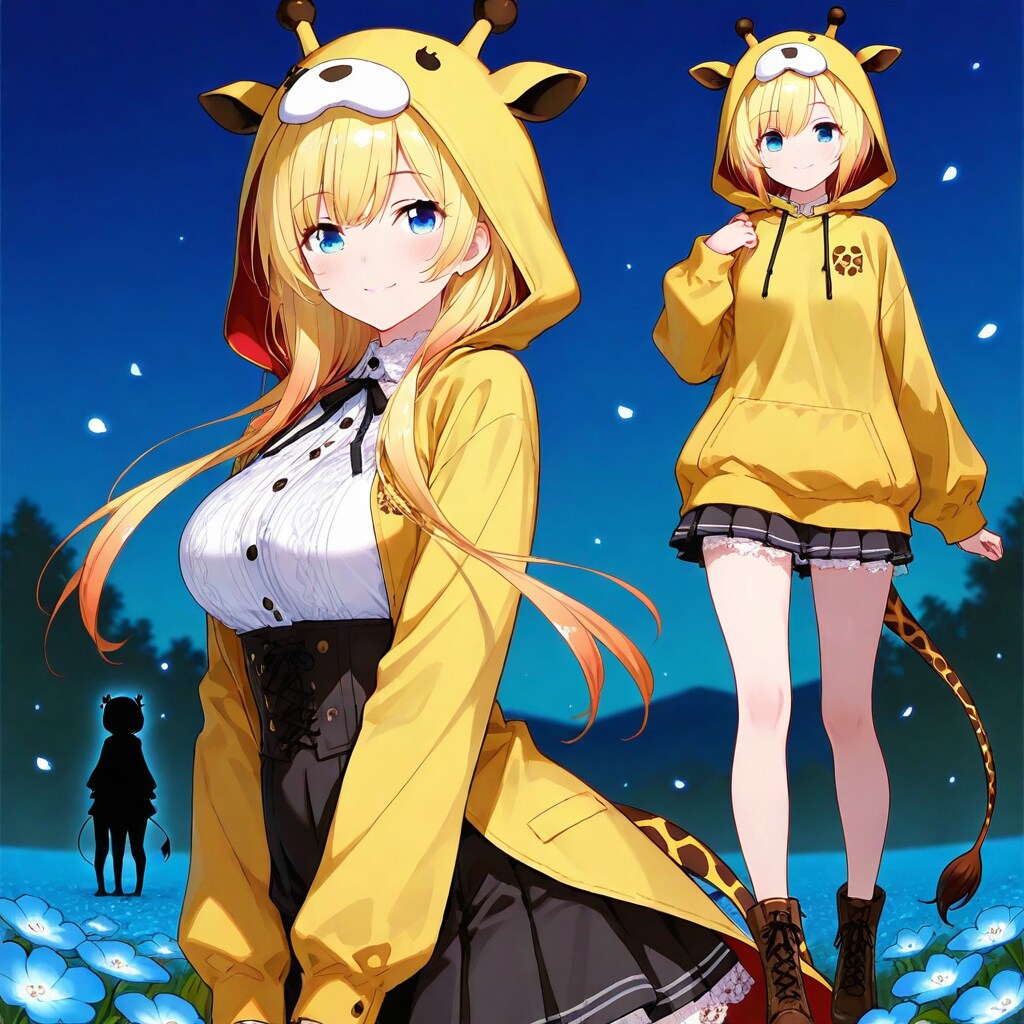 ネモフィラの咲く夜の草原とキリンフーディーお姉さん