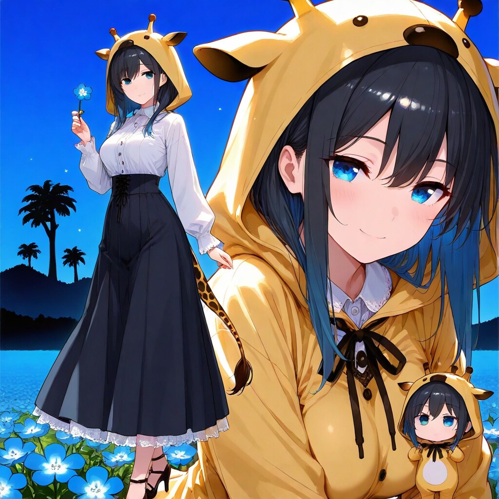 ネモフィラの咲く夜の草原とキリンフーディーお姉さん