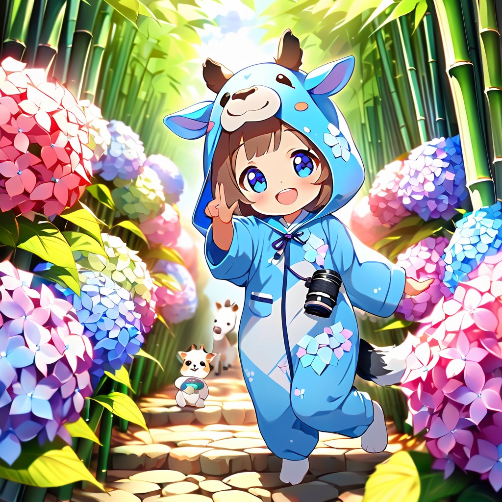 紫陽花の撮影会に参加するキリン着ぐるみちび子ちゃん