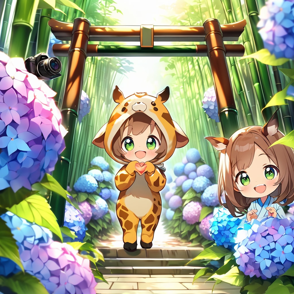 紫陽花の撮影会に参加するキリン着ぐるみちび子ちゃん