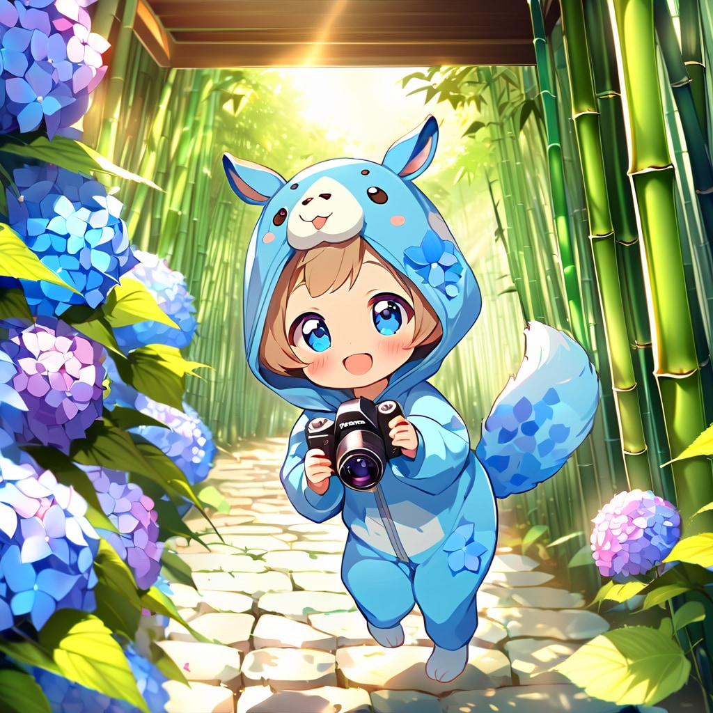 紫陽花の撮影会に参加するキリン着ぐるみちび子ちゃん