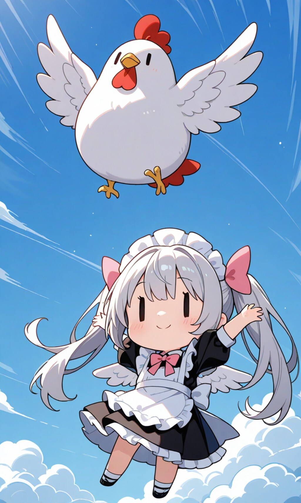 ニワトリと空を飛ぶチビメイドさん