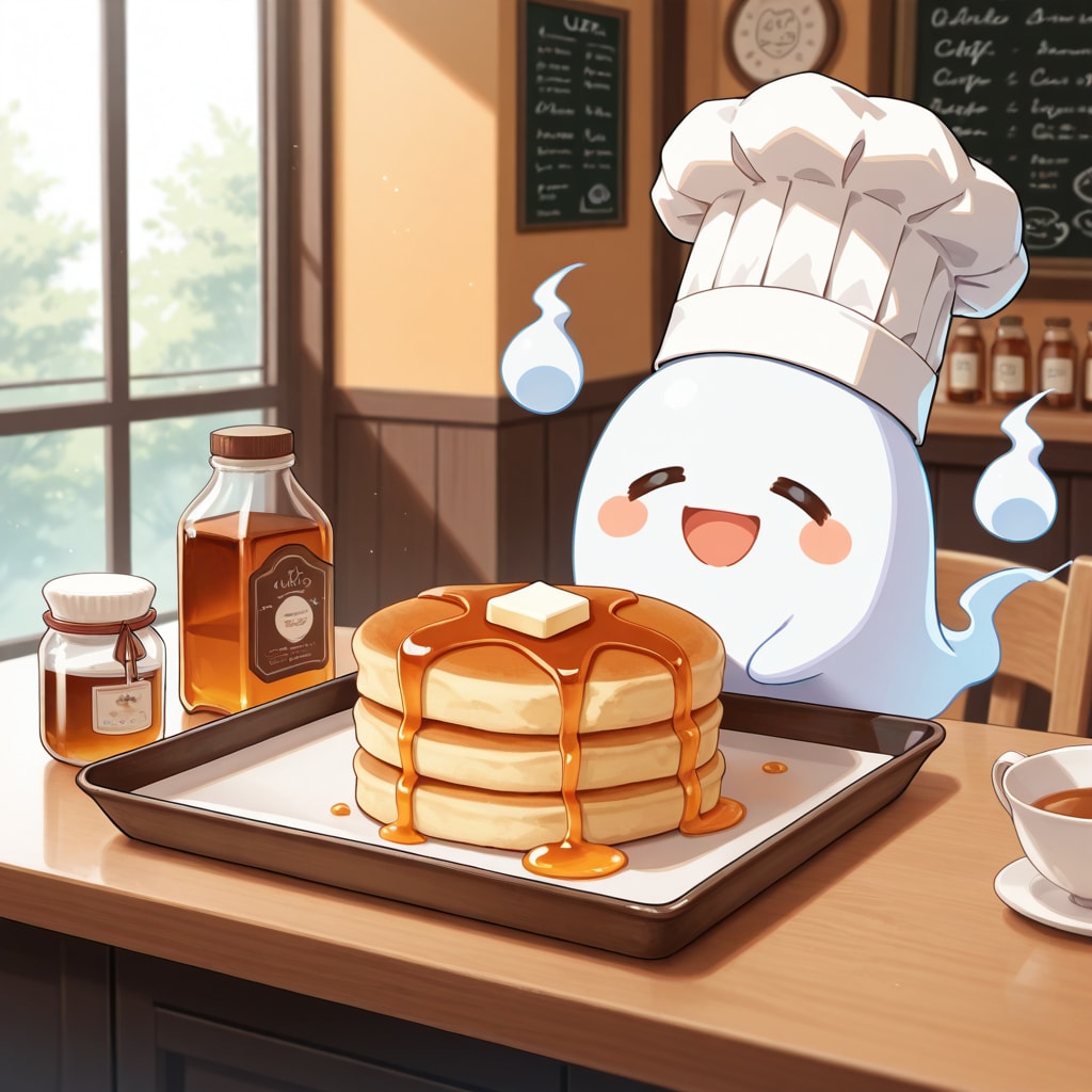 デザートのお化けシェフ御手製メイプルシロップ付きホットケーキ