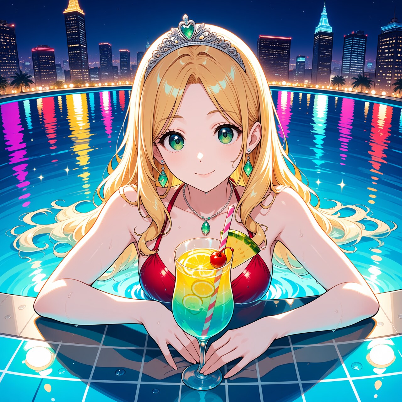 高層ホテルのインフィニティプールにて(モデル：フローラ王女)