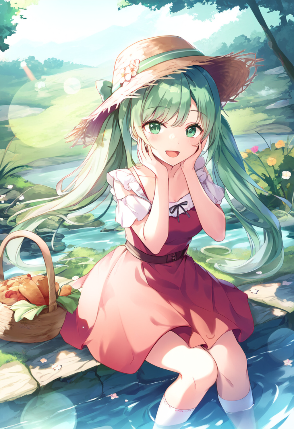 A girl with medium green and light purple streaked hair