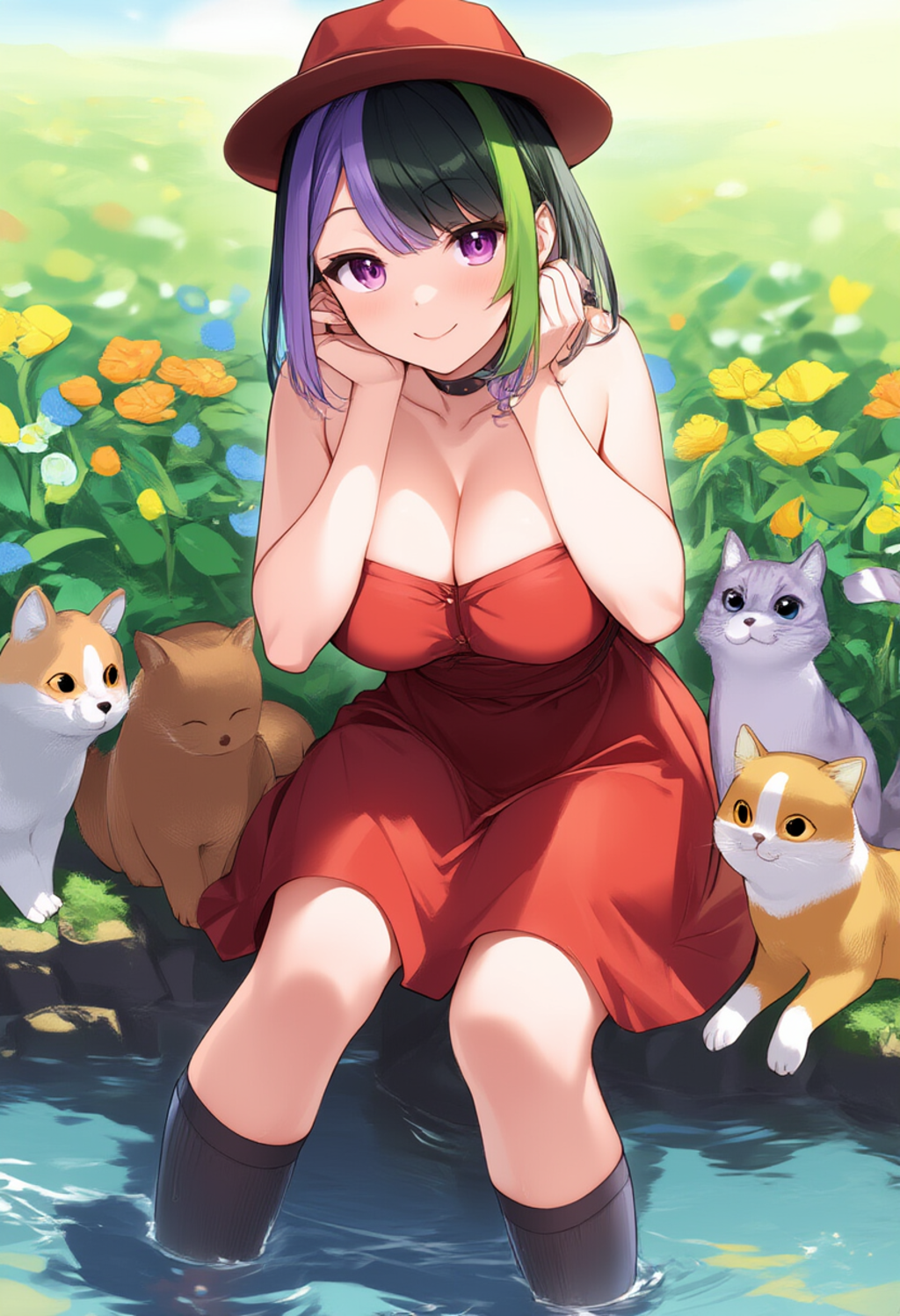 A girl with medium green and light purple streaked hair