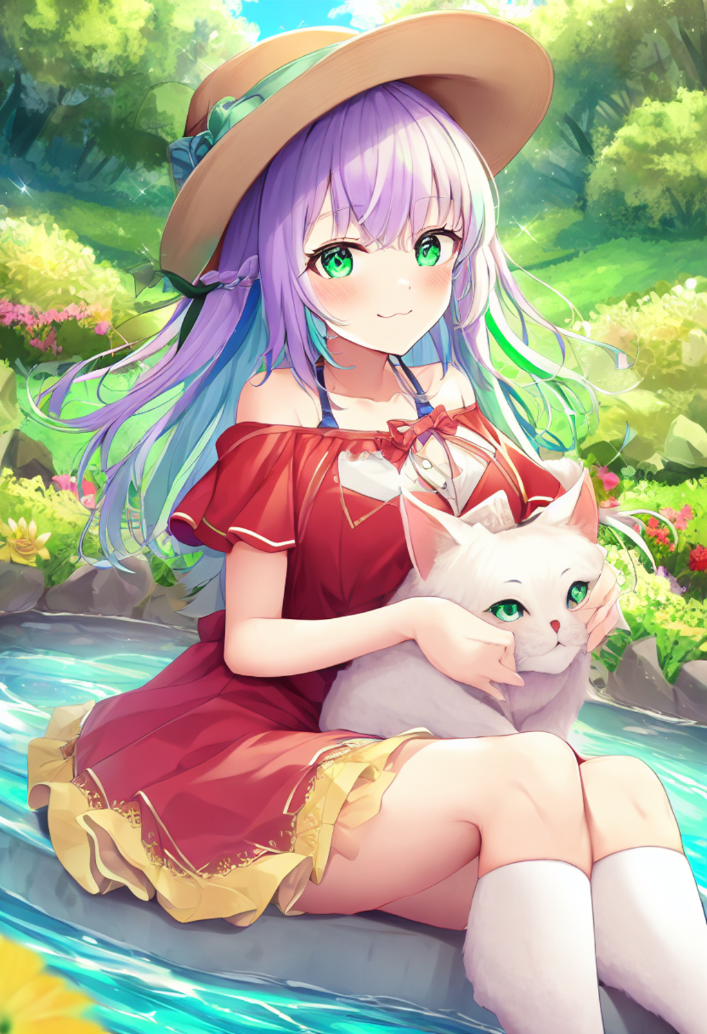 A girl with medium green and light purple streaked hair