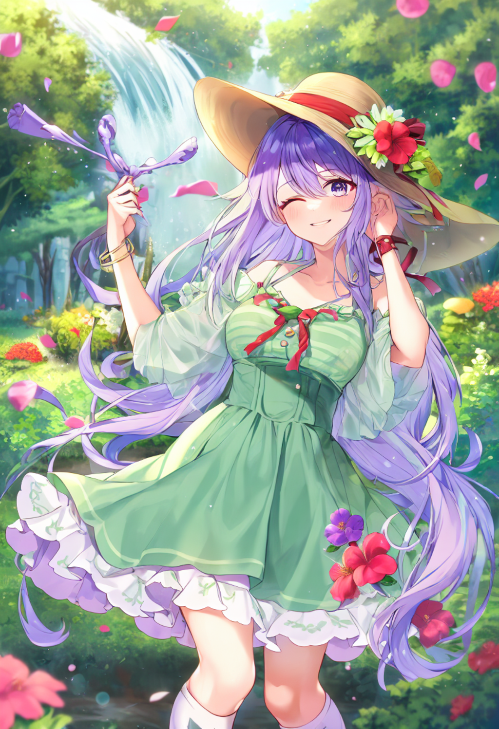 A girl with medium green and light purple streaked hair