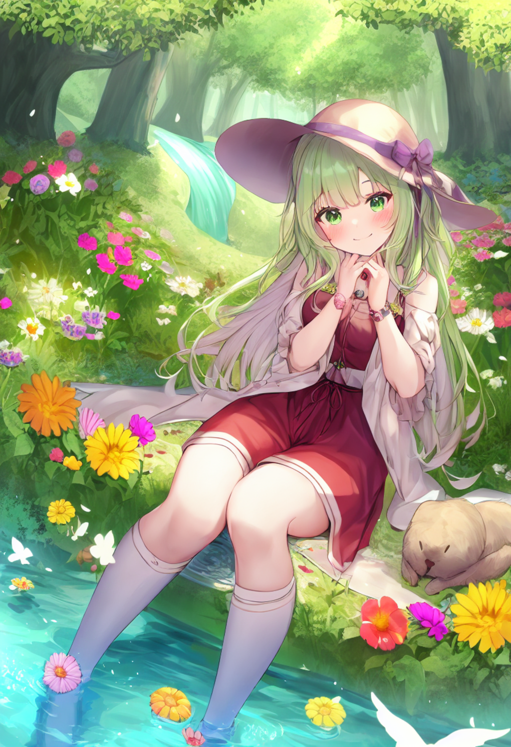 A girl with medium green and light purple streaked hair