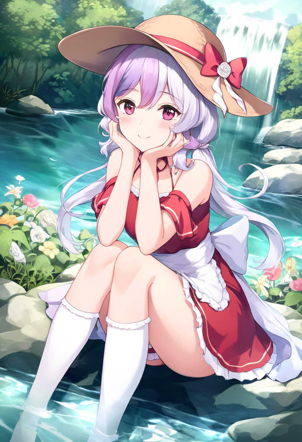 A girl with medium green and light purple streaked hair