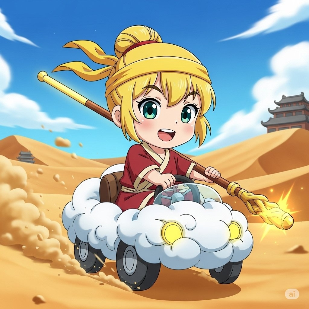 孫悟空のコスプレをして雲の形をした車に乗っている、ちちぷいちゃん