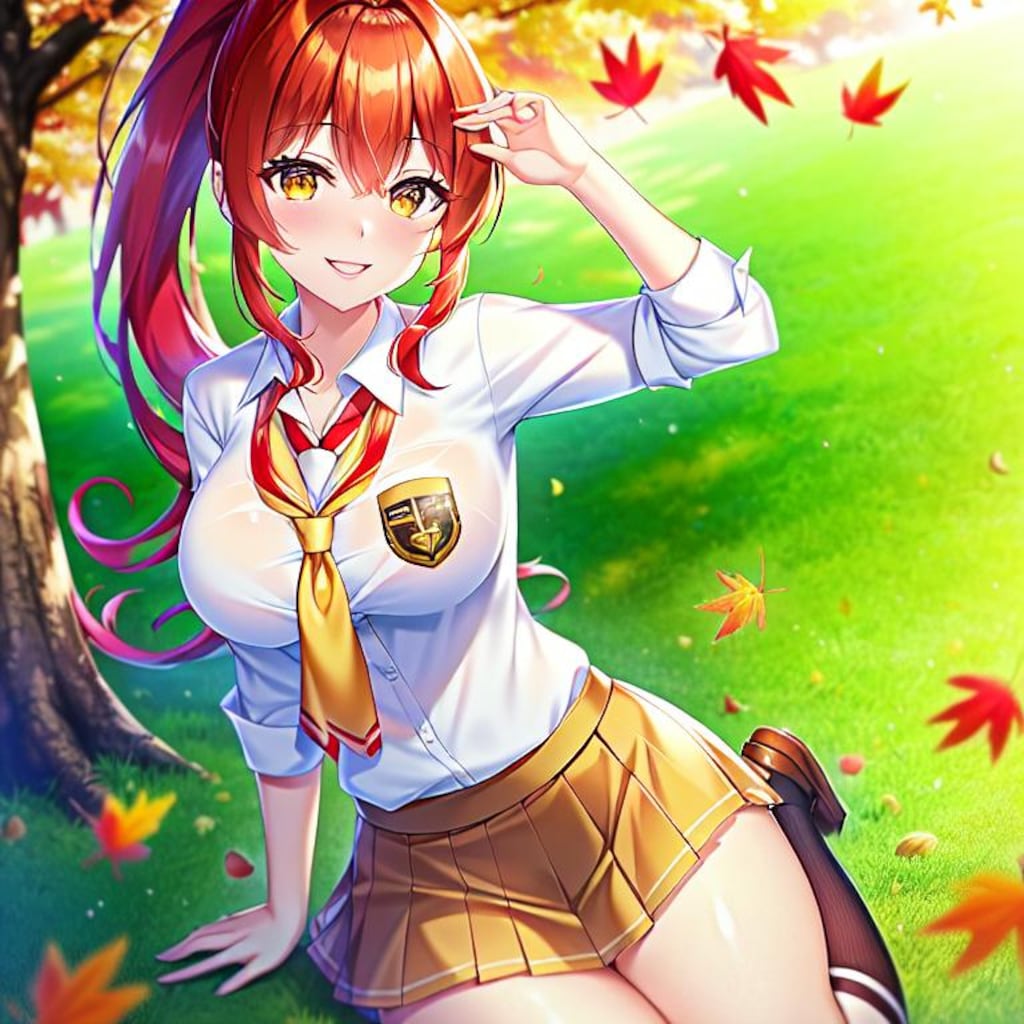赤髪ポニテ娘✖紅葉（4枚