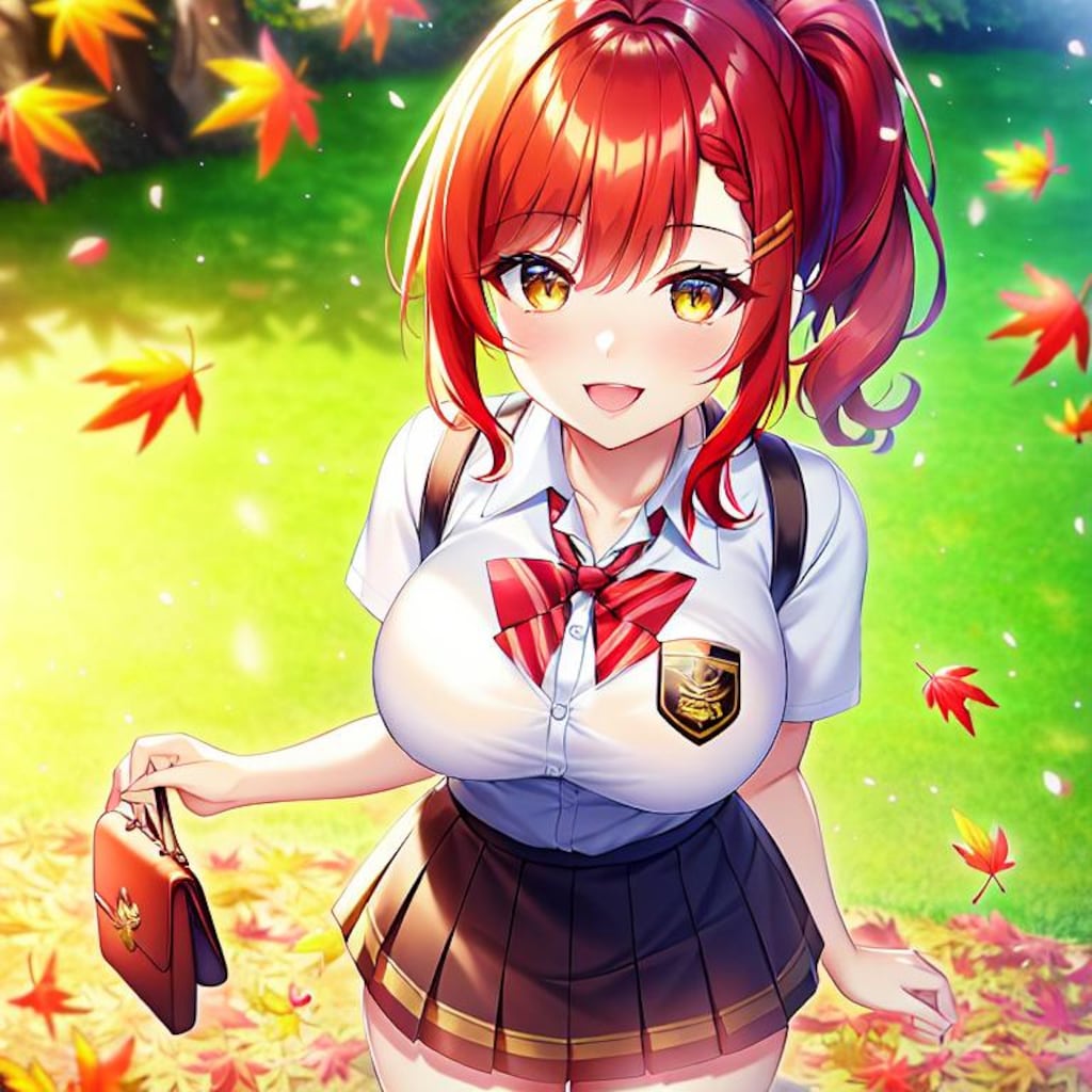 赤髪ポニテ娘✖紅葉（4枚