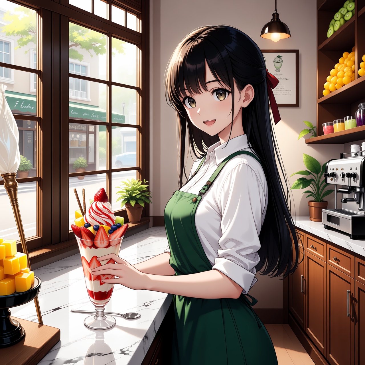 お待たせしました、いちごパフェです(モデル：さくら)