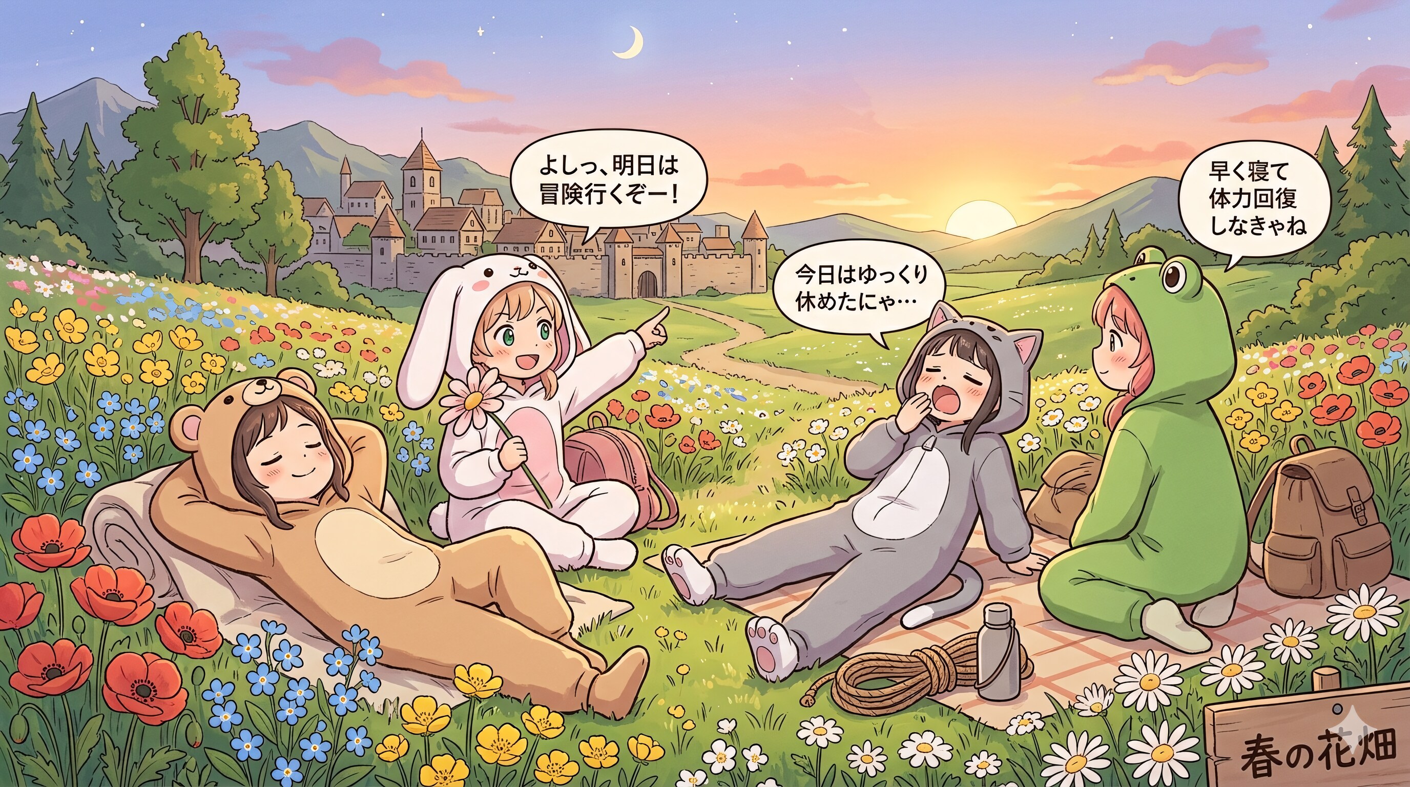 【All0508b】今日もやる気が出ないので、郊外の春花が沢山植えられた花畑にやって来た、着ぐるみ少女冒険者達は沢山の綺麗な花を見た事により気分が晴れてやる気が出てきた。（NanoBanana2）