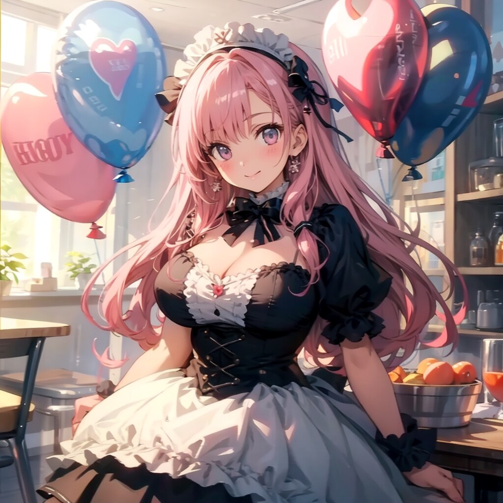 いっぱい色とりどりの風船を持つピンク髪ロングのゴスロリ衣装着た美少女