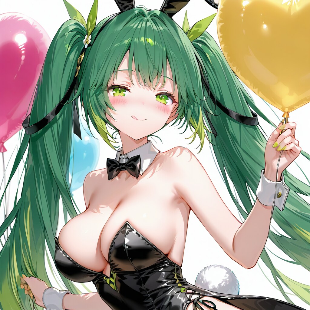 いっぱいハート風船を持つ緑髪ツインテールのバニーガール衣装着た美女