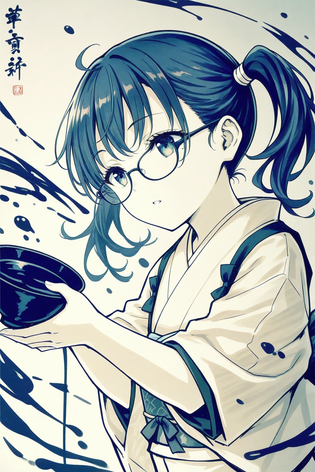 １０単語で黒髪ツインテールの水墨絵