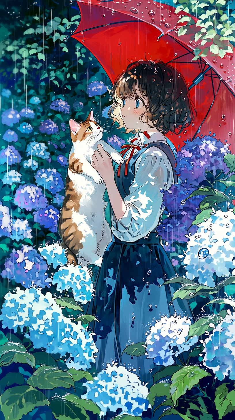 赤い傘をさした女の子と猫