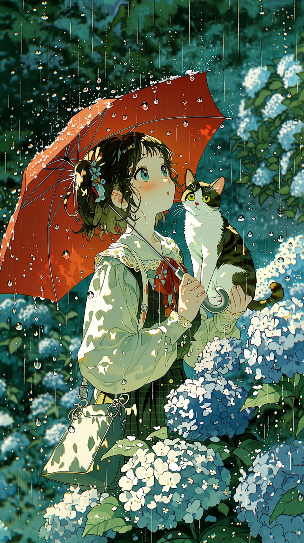 赤い傘をさした女の子と猫