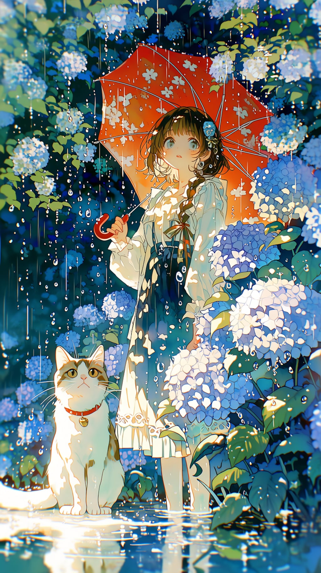 赤い傘をさした女の子と猫