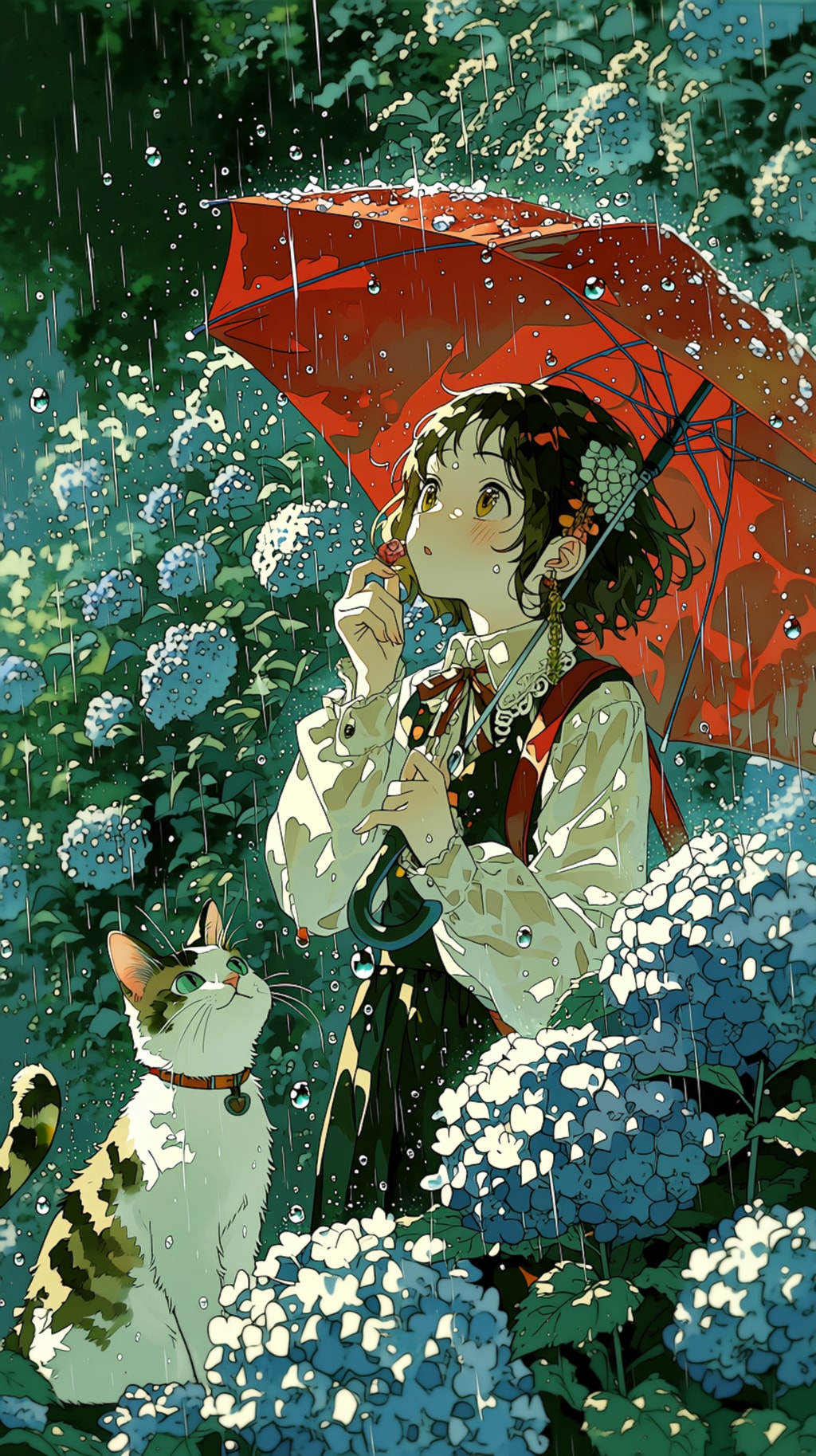 赤い傘をさした女の子と猫